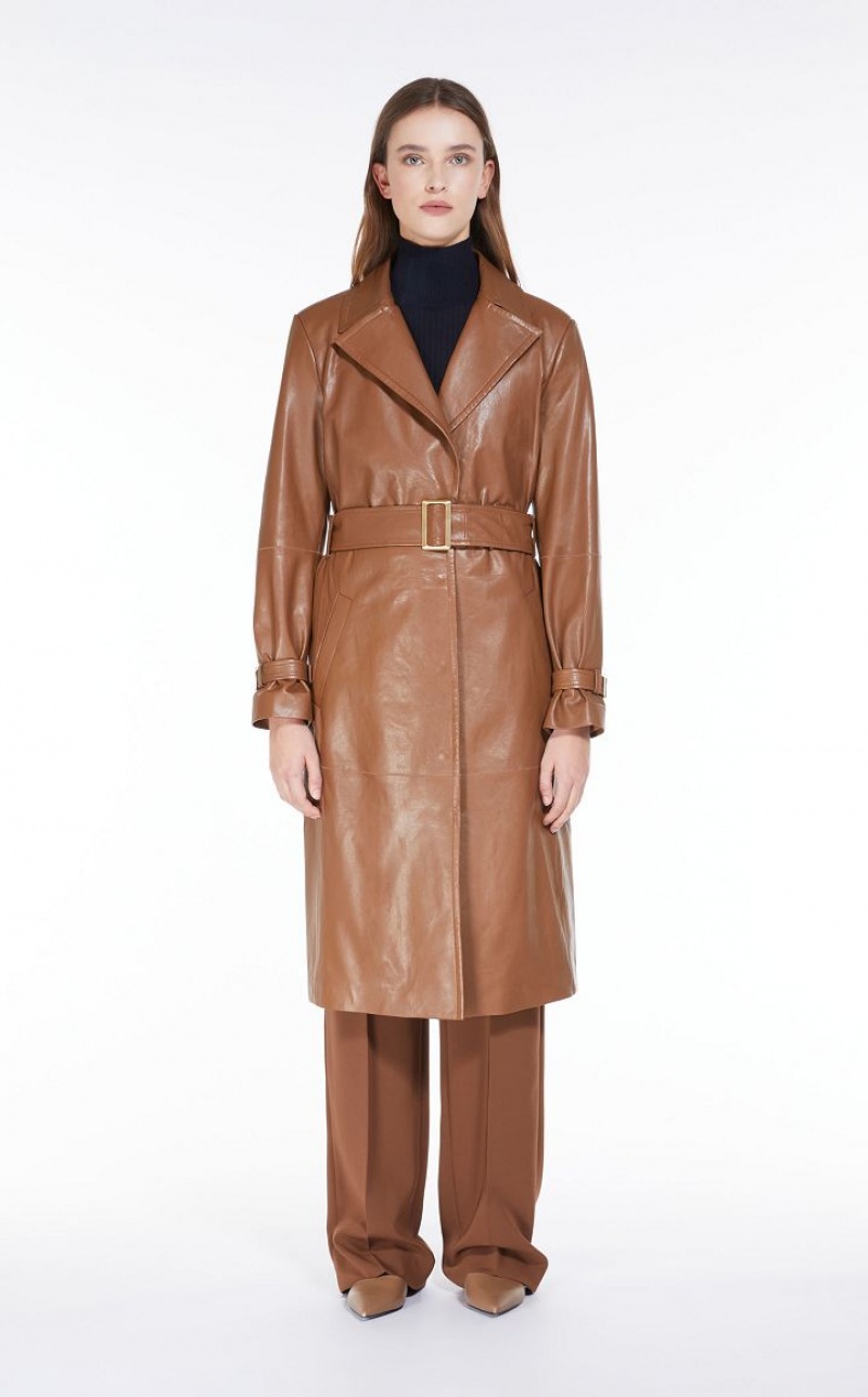 Leather Max Mara Belt-adorned Nappa Overcoat Marrones | MMR594018