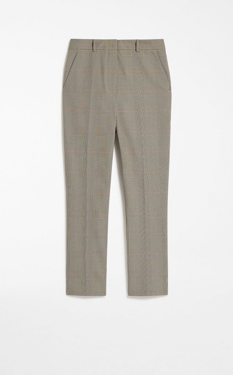 Pantalones Max Mara Directo In A Plain-weave Check Fabric Beige | MMR593760